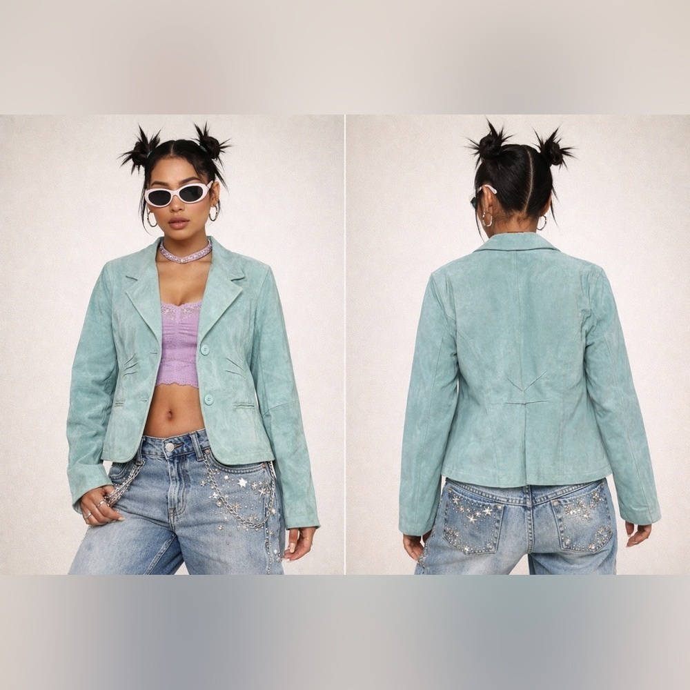 Vintage Y2K David Brooks Long Sleeve Button Front Turquoise Pig Suede Jacket XL
